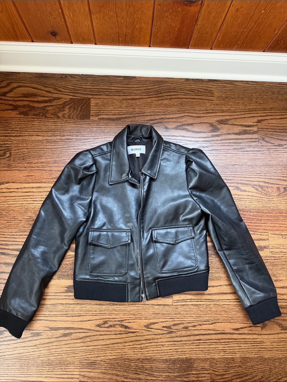 BB Dakota Black Faux Leather Bomber Jacket with Pocket Flaps